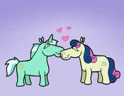 Size: 1134x878 | Tagged: safe, artist:cookie-lovey, bon bon, lyra heartstrings, sweetie drops, earth pony, pony, unicorn, g4, 2011, duo, duo female, eyes closed, female, floating heart, heart, lesbian, licking, mare, purple background, ship:lyrabon, shipping, simple background, smiling, style emulation, the fairly oddparents, tongue out