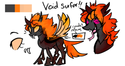 Size: 800x423 | Tagged: safe, artist:dokuyuu, oc, oc only, oc:void surfer, changeling, changeling oc, colored wings, fangs, gradient tail, gradient wings, orange changeling, reference sheet, solo, spread wings, tail, wings