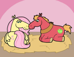 Size: 1134x878 | Tagged: safe, artist:cookie-lovey, big macintosh, fluttershy, earth pony, pegasus, pony, g4, 2011, anatomically incorrect, barn, butt, duo, duo male and female, female, flutterbutt, hay, incorrect leg anatomy, lidded eyes, lying down, male, mare, plot, preggoshy, pregnant, prone, ship:fluttermac, shipping, smiling, stallion, straight, style emulation, the fairly oddparents