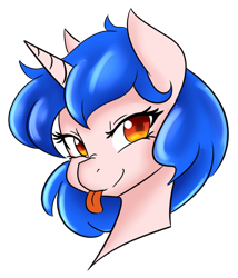 Size: 600x700 | Tagged: safe, artist:jovalic, oc, oc only, oc:frosty flare, pony, unicorn, :p, bust, female, horn, looking at you, portrait, simple background, smiling, tongue out, transparent background, unicorn oc