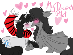 Size: 800x600 | Tagged: safe, artist:dokuyuu, oc, oc only, bat pony, pony, unicorn, bat pony oc, blushing, clothes, colored, couple, duo, eyes closed, flat colors, holding hooves, horn, kissing, scarf, simple background, text, transparent background, unicorn oc