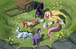 Size: 4093x2680 | Tagged: safe, artist:varwing, fluttershy, trixie, oc, pony, rabbit, g4, animal, cart, group, long tail, tail