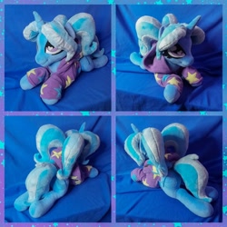 Size: 2048x2048 | Tagged: safe, artist:hellishnya, trixie, pony, unicorn, g4, alternate hairstyle, babysitter trixie, clothes, female, high res, hoodie, horn, irl, lying down, mare, photo, pigtails, plushie, prone, solo