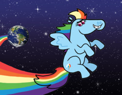 Size: 1134x878 | Tagged: safe, artist:cookie-lovey, rainbow dash, pegasus, pony, g4, 2011, earth, faic, female, flying, grin, mare, rainbow, smiling, smug, smugdash, solo, space, spread wings, style emulation, the fairly oddparents, windswept mane, wings