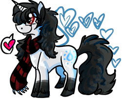 Size: 738x600 | Tagged: safe, artist:dokuyuu, oc, oc only, oc:rainy days, pony, unicorn, clothes, heart, looking offscreen, multicolored coat, scarf, side view, solo