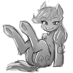 Size: 800x800 | Tagged: safe, artist:jovalic, applejack, earth pony, pony, g4, butt, featureless crotch, freckles, legs in air, lidded eyes, looking at you, plot, sitting, smiling, solo