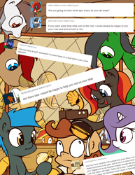 Size: 700x909 | Tagged: safe, artist:subjectnumber2394, oc, oc:copper wings, oc:humming way, oc:jade shine, oc:steel strings, pegasus, pony, unicorn, ask copper wings, ask, clothes, comic, goggles, jacket, male, stallion, wingless