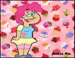 Size: 1134x878 | Tagged: safe, artist:cookie-lovey, pinkie pie, human, g4, 2011, clothes, cupcake, female, food, humanized, leggings, looking at you, name, open mouth, open smile, pink background, sandals, shirt, simple background, skirt, smiling, smiling at you, solo, style emulation, the fairly oddparents