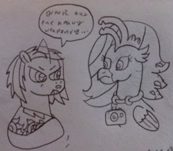 Size: 2371x2069 | Tagged: safe, artist:supahdonarudo, derpibooru exclusive, oc, oc only, oc:ironyoshi, oc:sea lilly, classical hippogriff, hippogriff, pony, unicorn, angry, camera, clothes, determined, dialogue, high res, jewelry, monochrome, necklace, raised hoof, shirt, simple background, sketch, speech bubble