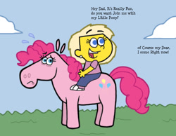 Size: 1134x878 | Tagged: safe, artist:cookie-lovey, pinkie pie, earth pony, pony, g4, 2011, child, crossover, dialogue, duo, duo female, female, frown, greta wolfcastle, humans riding ponies, male, nervous sweat, offscreen character, open mouth, open smile, riding, smiling, style emulation, the fairly oddparents, the simpsons, this will end in pain