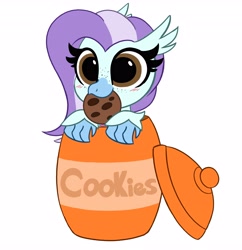 Size: 3973x4096 | Tagged: safe, artist:kittyrosie, oc, oc only, oc:ocean breeze, oc:ocean breeze (savygriffs), classical hippogriff, hippogriff, pony, beak, beak hold, blushing, chocolate chip cookie, commission, cookie, cookie jar, cute, food, freckles, glasses, hippogriff oc, mouth hold, nom, ocbetes, oceanbetes, simple background, solo, white background, wide eyes, ych result