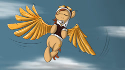 Size: 500x281 | Tagged: safe, artist:geneticanomaly, oc, oc only, oc:copper wings, pegasus, pony, ask-twi, augmented wings, clothes, fanart, flying, goggles, jacket, solo