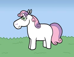 Size: 1134x878 | Tagged: safe, artist:cookie-lovey, sweetie belle, pony, unicorn, g4, 2012, blank flank, cute, diasweetes, female, filly, foal, grass, grass field, sky, smiling, solo, style emulation, the fairly oddparents