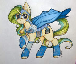 Size: 1024x858 | Tagged: safe, artist:dexterisse, oc, oc:isumi toxy, pony, unicorn, armor, cape, clothes, horn, simple background, solo, traditional art, unicorn oc, white background