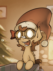 Size: 800x1066 | Tagged: safe, artist:ask-copper-wings, artist:subjectnumber2394, oc, oc only, oc:copper wings, pegasus, pony, christmas, christmas tree, goggles, hat, holiday, open mouth, santa hat, solo, tree