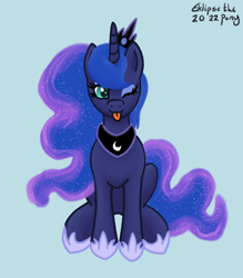 Size: 574x654 | Tagged: safe, artist:eklipsethepony, princess luna, alicorn, pony, g4, :p, blue background, female, jewelry, mare, one eye closed, silly, silly pony, simple background, sitting, solo, tiara, tongue out, wink