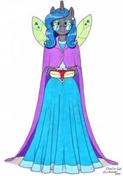 Size: 2461x3491 | Tagged: safe, artist:killerteddybear94, queen chrysalis, changeling, changeling queen, anthro, g4, cloak, clothes, dress, ear piercing, earring, female, glasses, high res, jewelry, looking at you, mirror universe, piercing, present, reversalis, smiling, solo, traditional art