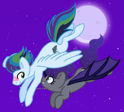 Size: 697x632 | Tagged: safe, artist:madzbases, artist:pastelnightyt, oc, oc:midnight lullaby, oc:rainbow storm, bat pony, pegasus, pony, base used, duo, female, flying, male, mare, night, offspring, parent:rainbow dash, parent:soarin', parents:soarindash, stallion