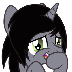 Size: 750x750 | Tagged: safe, artist:toyminator900, pony, unicorn, bust, commission, disguise, disguised siren, horn, kellin quinn, laughing, looking at you, male, ponified, simple background, sleeping with sirens, slit pupils, solo, stallion, transparent background