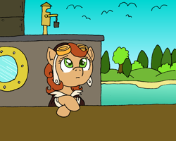 Size: 1280x1022 | Tagged: safe, artist:merkleythedrunken, oc, oc only, oc:copper wings, bird, pegasus, pony, boat, clothes, goggles, jacket, river, ship, solo, water, wingless