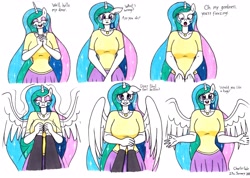 Size: 3487x2478 | Tagged: safe, artist:killerteddybear94, princess celestia, alicorn, anthro, g4, breasts, busty princess celestia, cute, cutelestia, dialogue, floppy ears, high res, jewelry, looking at you, momlestia, necklace, offscreen character, open arms, open mouth, pov, smiling, spread wings, talking to viewer, traditional art, wholesome, wings