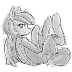 Size: 800x800 | Tagged: safe, artist:jovalic, rainbow dash, pegasus, pony, g4, grin, legs in air, looking at you, lying down, monochrome, on back, smiling, solo