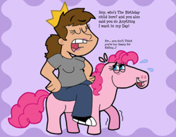 Size: 1134x878 | Tagged: safe, artist:cookie-lovey, pinkie pie, earth pony, human, pony, g4, 2012, artist insert, birthday, crown, dialogue, duo, duo female, eyes closed, female, grin, heavy, humans riding ponies, jewelry, lidded eyes, missing cutie mark, nervous, nervous smile, open mouth, open smile, purple background, regalia, riding, simple background, smiling, style emulation, sweat, the fairly oddparents, wobbling