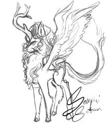 Size: 800x919 | Tagged: safe, artist:senpai-satan, oc, oc only, oc:spring glow, kirin, winged kirin, female, kirin oc, mare, signature, simple background, sketch, solo, white background, wings