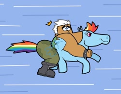 Size: 1134x878 | Tagged: safe, artist:cookie-lovey, rainbow dash, fairy, pegasus, pony, g4, 2012, arms around neck, biceps, blue background, crossover, distressed, duo, duo male and female, female, flying, jorgen von strangle, male, mare, riding, riding a pony, simple background, smiling, speed, speed lines, style emulation, the fairly oddparents, windswept mane