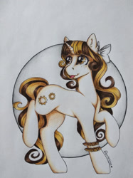 Size: 1024x1366 | Tagged: safe, artist:dexterisse, oc, oc only, oc:golden stream, pony, unicorn, female, horn, mare, simple background, solo, traditional art, unicorn oc, white background