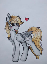 Size: 1280x1707 | Tagged: safe, artist:dexterisse, derpy hooves, pegasus, pony, g4, floating heart, heart, simple background, solo, traditional art, white background