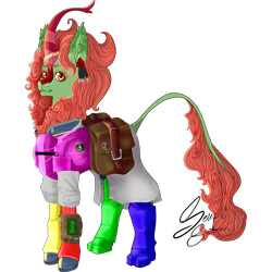 Size: 2215x2215 | Tagged: safe, artist:senpai-satan, oc, oc only, oc:spring glow, kirin, fallout equestria, accessory, armor, bag, clothes, combat armor, commission, female, high res, jumpsuit, kirin oc, lab coat, mare, pipbuck, saddle bag, signature, simple background, solo, transparent background, vault suit