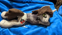 Size: 3840x2160 | Tagged: safe, artist:valmiiki, photographer:lightningbolt, pony, unicorn, clothes, commission, high res, horn, irl, kellin quinn, lying down, male, photo, plushie, ponified, prone, shirt, sleeping with sirens, smiling, solo, stallion, t-shirt