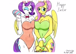 Size: 3491x2475 | Tagged: safe, artist:killerteddybear94, fluttershy, rarity, pegasus, unicorn, anthro, g4, basket, big breasts, breasts, bunny suit, bunnyshy, busty fluttershy, busty rarity, clothes, cuffs (clothes), duo, duo female, easter, easter egg, eyelashes, female, flutterbunny, fluttershy leotard, green leotard, high res, holiday, huge breasts, legs together, leotard, looking at you, one eye closed, rarity's leotard, red leotard, smiling, traditional art, wink