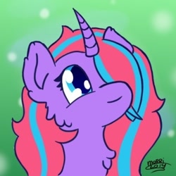 Size: 334x334 | Tagged: safe, artist:morrigun, oc, oc only, pony, unicorn, eyes open, female, gradient background, horn, looking up, mare, signature, solo