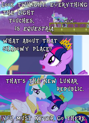 Size: 1005x1382 | Tagged: safe, edit, edited screencap, screencap, princess celestia, twilight sparkle, alicorn, pony, g4, twilight's kingdom, aurora borealis, comic, duo, duo female, female, new lunar republic, scene interpretation, screencap comic, sky, stars, text, the lion king, twilight sparkle (alicorn), you'll play your part