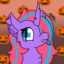 Size: 334x334 | Tagged: safe, artist:morrigun, oc, oc only, bat pony, pony, unicorn, eyes open, fangs, female, halloween 2020, horn, mare, signature, solo, transformed