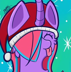 Size: 988x999 | Tagged: safe, artist:morrigun, oc, oc only, pony, unicorn, christmas, eyes closed, female, hat, holiday, horn, mare, santa hat, signature, solo, tongue out