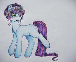 Size: 3587x2921 | Tagged: safe, artist:dexterisse, oc, oc:flower crown, pony, unicorn, female, high res, horn, mare, simple background, solo, traditional art, unicorn oc, white background