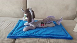 Size: 5312x2988 | Tagged: safe, artist:dixierarity, half-siren, hybrid, pony, blanket, commission, curved horn, fins, fish tail, horn, irl, kellin quinn, male, photo, plushie, ponified, scales, slit pupils, solo, tail