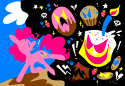 Size: 1316x900 | Tagged: safe, artist:msponies, pinkie pie, earth pony, pony, g4, animate object, cake, candle, cookie, donut, evil, exclamation point, female, food, heart, heartbreak, mare, ms paint, muffin, open mouth, open smile, skull, smiling, sparkles, stars, strawberry, surprised, tail, x eyes
