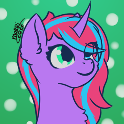 Size: 334x334 | Tagged: safe, artist:morrigun, oc, oc only, pony, unicorn, eyes open, female, horn, mare, signature, solo