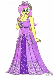 Size: 2467x3493 | Tagged: safe, artist:killerteddybear94, fluttershy, pegasus, anthro, g4, big breasts, breasts, busty fluttershy, clothes, crown, cute, dress, female, fluttershy day, gown, hand on face, high res, jewelry, looking at you, mare, open mouth, princess fluttershy, regalia, shyabetes, smiling, solo, traditional art, weapons-grade cute