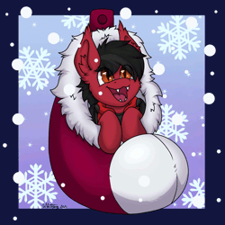 Size: 3072x3072 | Tagged: safe, artist:zackwhitefang, bat pony, pony, animated, christmas, christmas stocking, clothes, commission, ear fluff, fall out boy, fangs, gif, happy, high res, holiday, hoodie, male, open mouth, pete wentz, ponified, slit pupils, snow, snowflake, solo, stallion, ych result