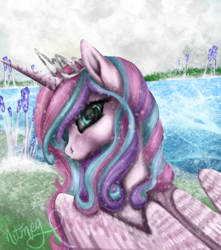 Size: 590x666 | Tagged: safe, artist:nutmeg04, princess flurry heart, alicorn, pony, g4, crown, crystal, female, jewelry, looking at you, looking back, looking back at you, mare, multicolored hair, regalia, solo, water, wings