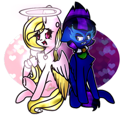 Size: 596x563 | Tagged: safe, artist:angellightyt, artist:doctresswhooves11, oc, oc only, oc:angel light, pegasus, pony, chest fluff, collaboration, duo, female, halo, mare, pegasus oc, simple background, smiling, transparent background