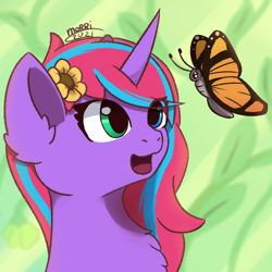 Size: 500x500 | Tagged: safe, artist:morrigun, oc, oc only, butterfly, pony, unicorn, eyes open, female, flower, horn, mare, signature, solo