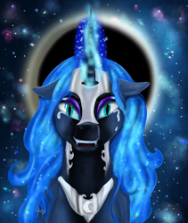 Size: 3970x4706 | Tagged: safe, artist:nutmeg04, nightmare moon, alicorn, pony, g4, armor, crying, ethereal mane, jewelry, moon, regalia, solo, starry background, starry mane