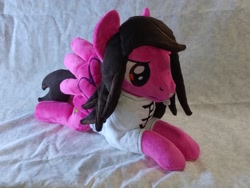 Size: 4096x3072 | Tagged: safe, artist:bluedragonflyplush, pegasus, pony, clothes, commission, irl, lip piercing, lying down, male, mike fuentes, photo, pierce the veil, piercing, plushie, ponified, prone, shirt, spread wings, stallion, t-shirt, wings
