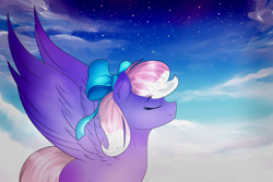 Size: 1500x1000 | Tagged: safe, artist:angellightyt, oc, oc only, pegasus, pony, cloud, eyes closed, female, mare, night, outdoors, pegasus oc, solo, stars, wings